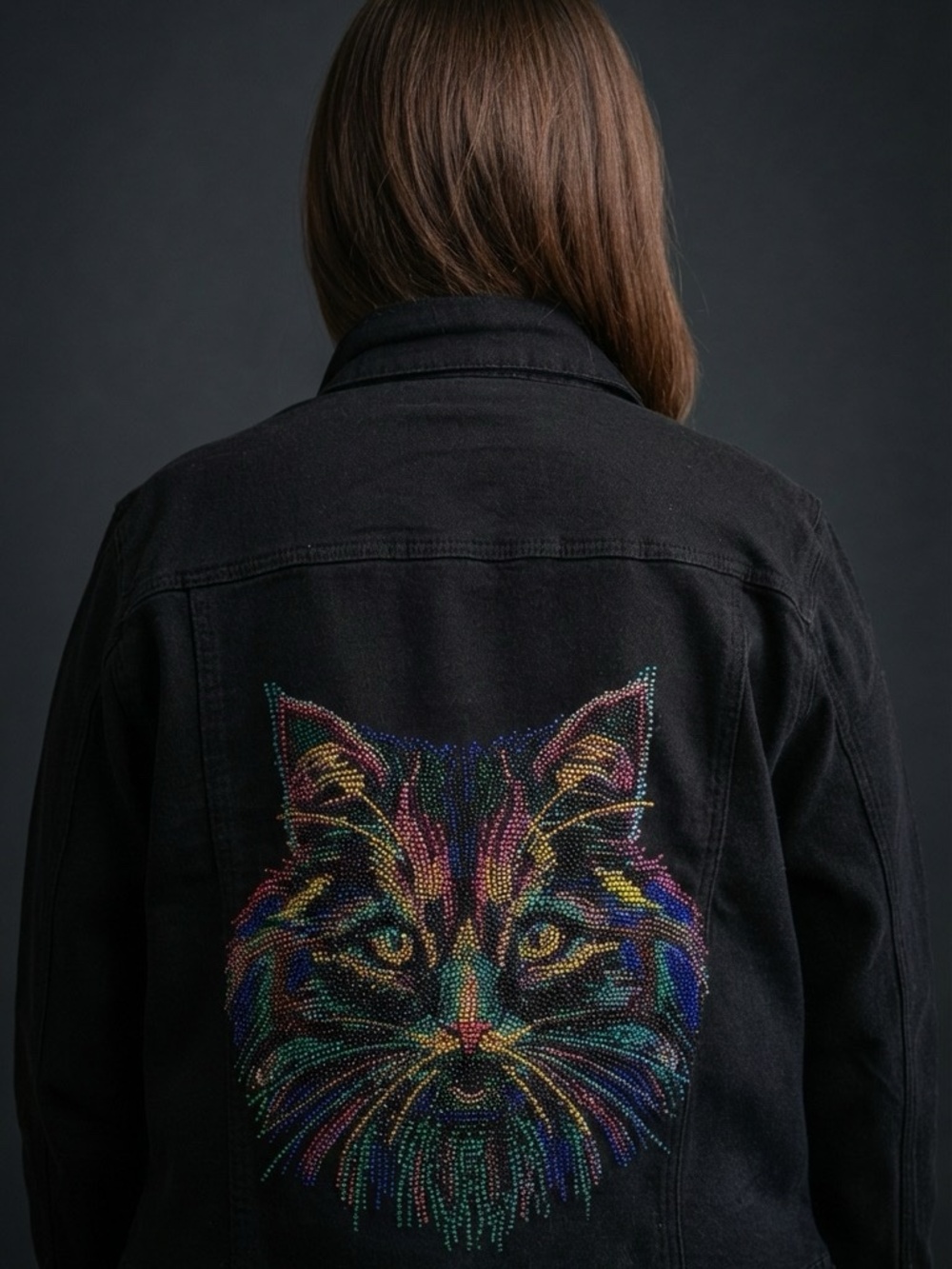 Rainbow Crystal Cat Embellished Black Denim Jacket